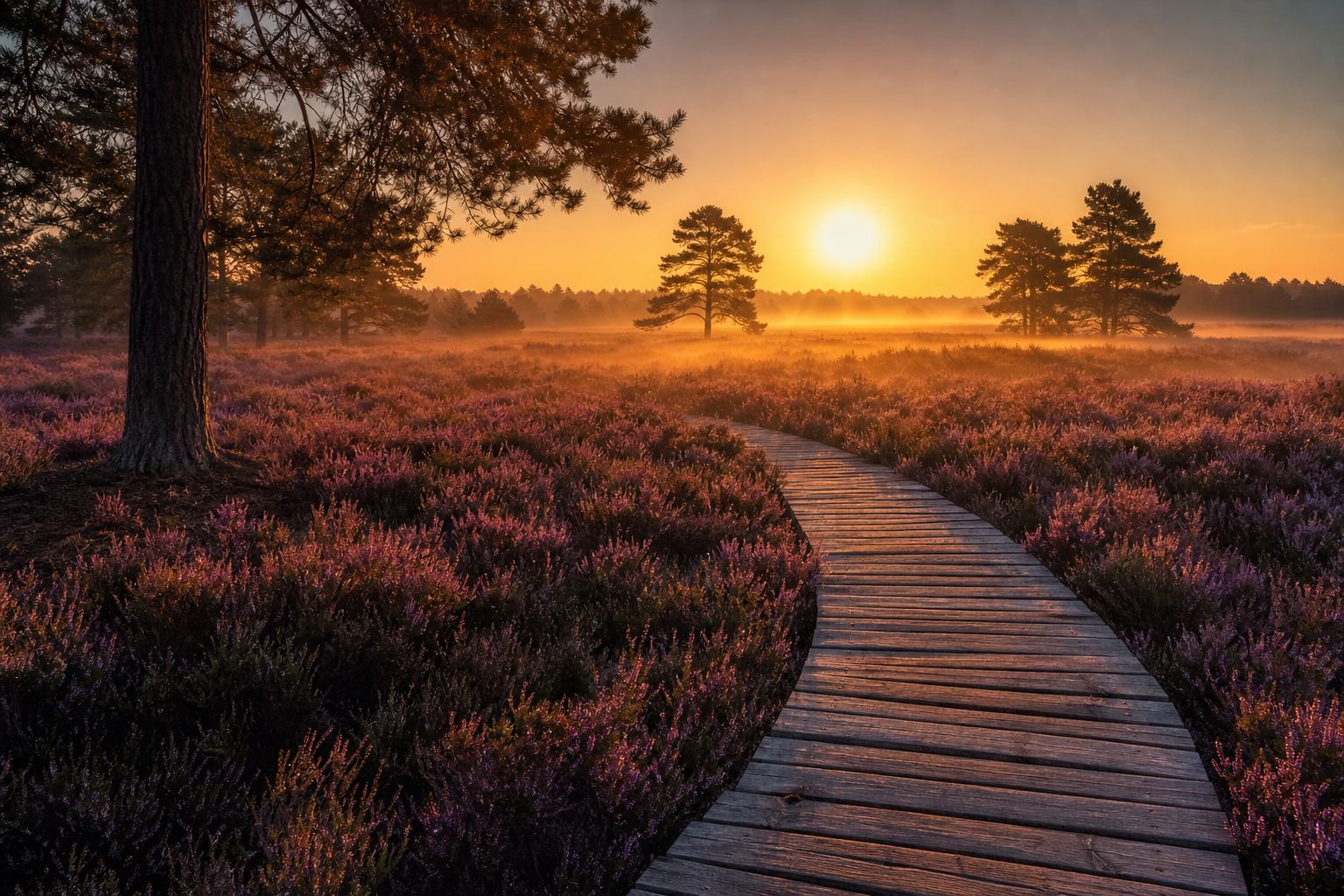 Blühende Heide bei Sonnenuntergang mit Holzsteg und leichtem Nebel