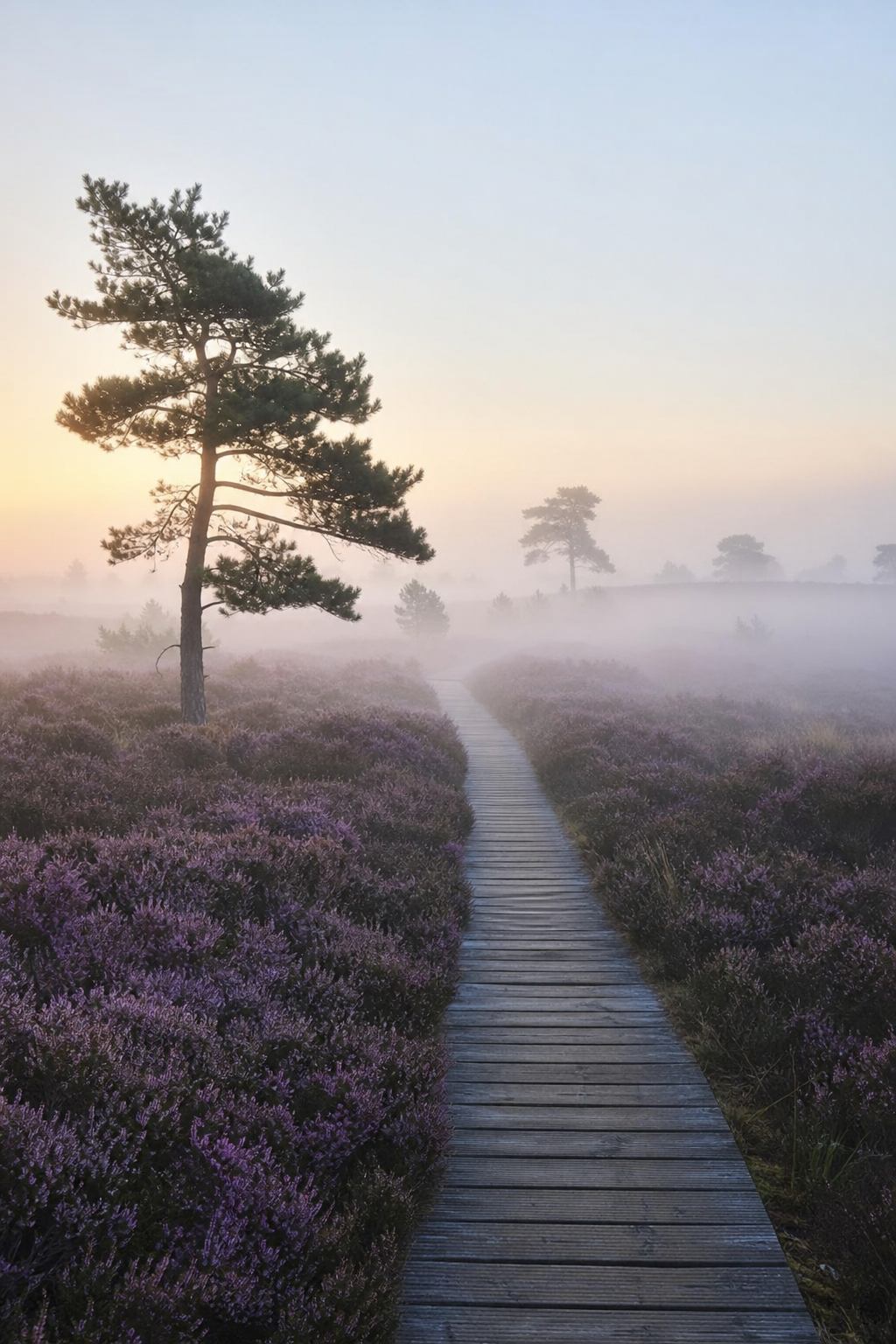 Nebel über der Heide am frühen Morgen
