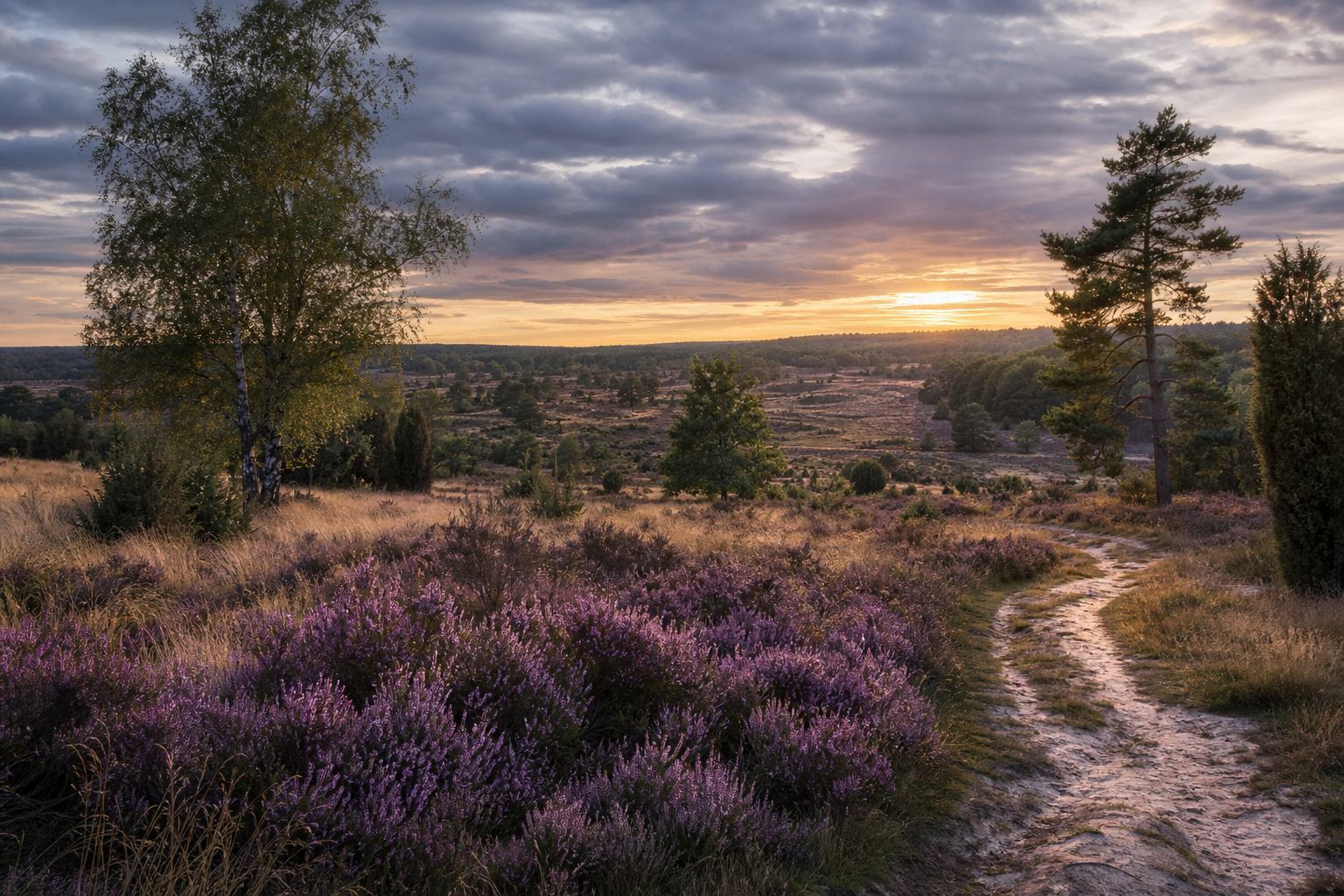 Violett blühende Heide im Spätsommerlicht